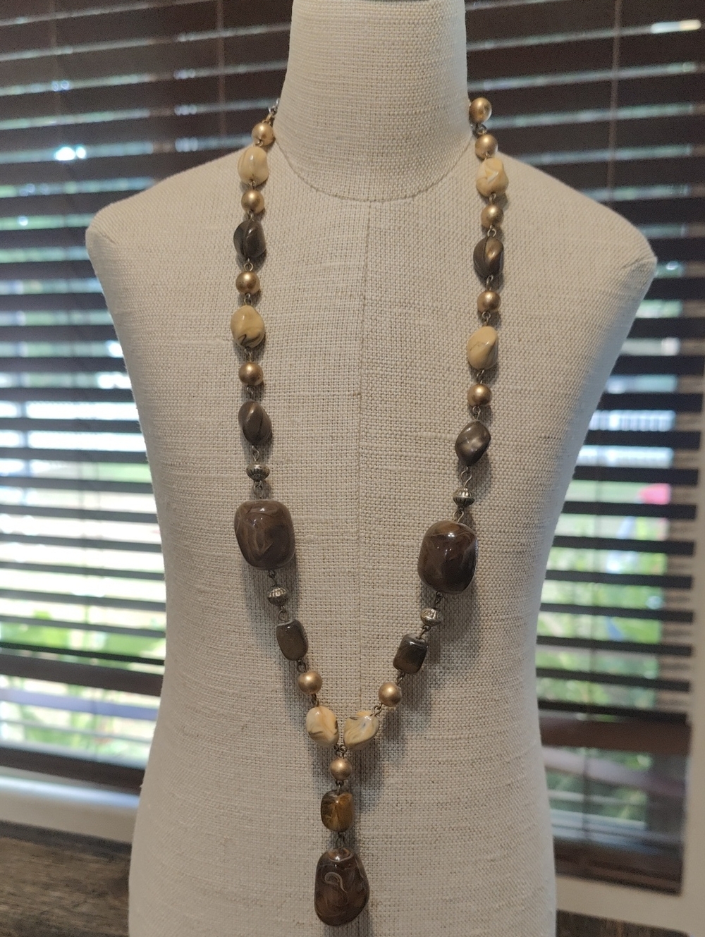 Long Brown and Cream Beaded Statement Necklace